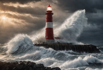 Storm with big waves over the lighthouse at the ocean. Generative AI
