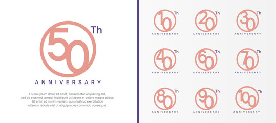 set of anniversary logo pink color number in circle and purple text on white background for celebration