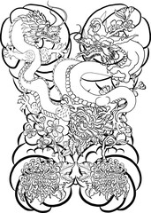 hand drawn Dragon tattoo ,coloring book japanese style.Japanese old dragon for tattoo.Symbol of chinese dragon illustration on background for T-shirt. Traditional Asian tattoo the old dragon vector.

