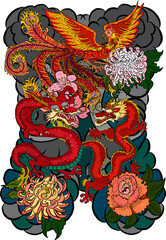 Traditional dragon battle with Phoenix for tattoo design.Chinese dragon for painting on wallpaper background.Hand drawn Japanese tattoo design with flower and wave for printing on jacket.Peony flower.