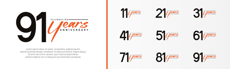set of anniversary logo black color number and orange text on white background for celebration