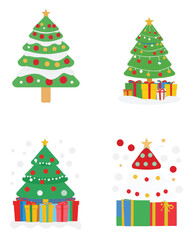Set of vector Illustrator Christmas trees, cartoon tree icons, flat 2D icons, nature shapes, winter and Christmas festivals.