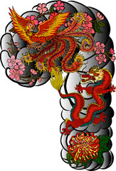Traditional dragon battle with Phoenix for tattoo design.Chinese dragon for painting on wallpaper background.Hand drawn Japanese tattoo design with flower and wave for printing on jacket.Peony flower.