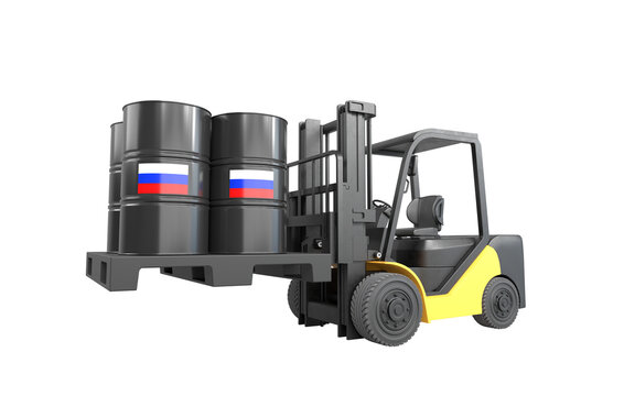A forklift is lifting oil barrels made in Russia on transparent background, PNG file