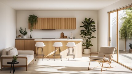 A small open plan kitchen area built into wall with bar