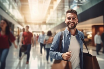 Fototapeta premium Portrait of Happy Male Goes to Shopping in Modern Clothing Store, Handsome Man Walking in Shopping Mall Surrounded By Blurred People.