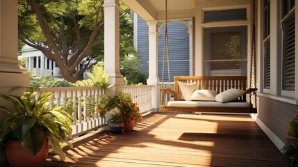 Classic porch with swing, potted plants, and wooden flooring