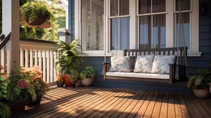 Classic porch with swing, potted plants, and wooden flooring