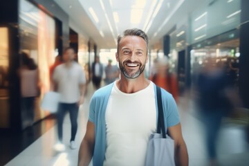 Obraz premium Portrait of Happy Male Goes to Shopping in Modern Clothing Store, Handsome Man Walking in Shopping Mall Surrounded By Blurred People.