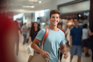 Portrait of Happy Male Goes to Shopping in Modern Clothing Store, Handsome Man Walking in Shopping Mall Surrounded By Blurred People.