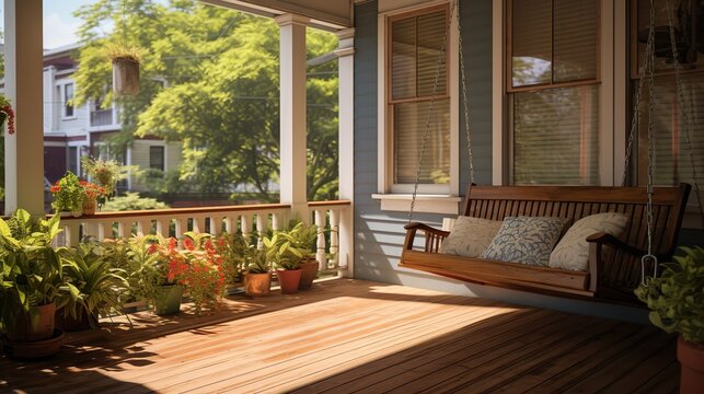 Classic porch with swing, potted plants, and wooden flooring