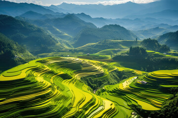 Aerial view of rice terrace fields in the morning with fog or mist in the middle of hills, healthy fresh green tree environment, and beautiful fresh green natural scenery of hilltops.