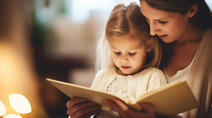 Young mother reading a book to her daughter. Parent bonding and learning with toddler