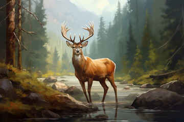 Digital painting of a deer in the woods