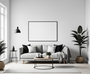 Poster frame mockup in minimalist modern living room interior background
