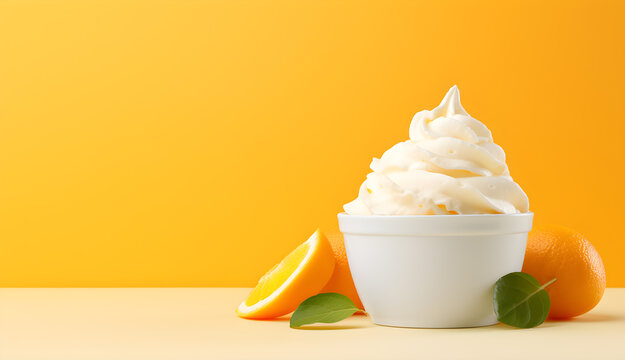 Mockup Ice cream or yogut orange fruit scoop on white blank empty cup bowl on orange bright colorful background. for product presentation. copy text space.