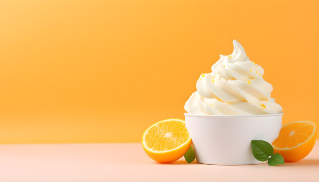 Mockup Ice cream or yogut orange fruit scoop on white blank empty cup bowl on orange bright colorful background. for product presentation. copy text space.