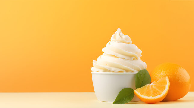 Mockup Ice cream or yogut orange fruit scoop on white blank empty cup bowl on orange bright colorful background. for product presentation. copy text space.