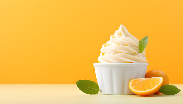 Mockup Ice cream or yogut orange fruit scoop on white blank empty cup bowl on orange bright colorful background. for product presentation. copy text space.