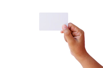 Man holding business card isolated on white background with clipping path.