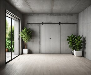 Modern contemporary loft empty room with open door to garden 3d render.