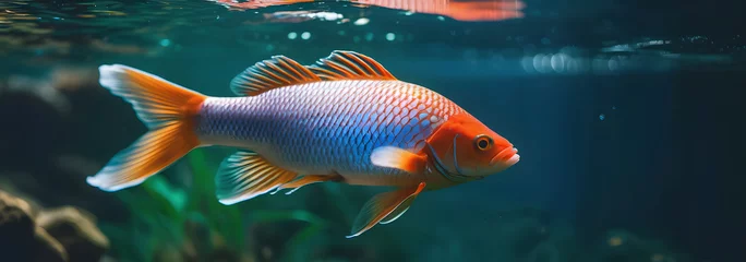 Foto op Aluminium Colour fish tossed above water surface Splash art water. AI generative. © ณรงค์วิทย์ สุขใจ