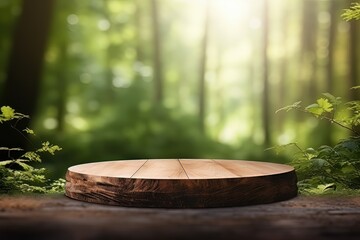 Wooden Podium for Product Display in the Forest, Rounded Wooden Saw Cut on Green Nature Background.