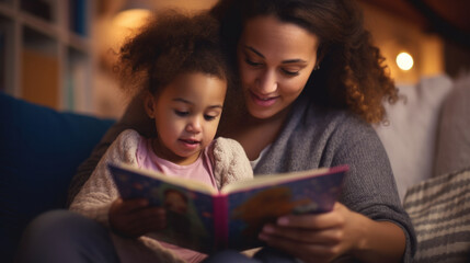 Obraz premium Young mother reading a book to her daughter. Parent bonding and learning with toddler