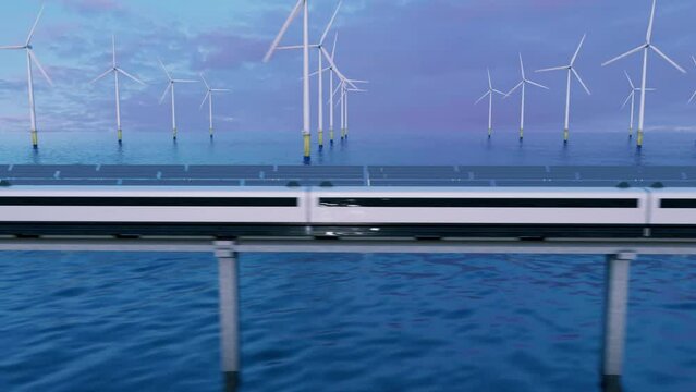 Future. A high-speed maglev train rides along solar panels and wind farms. 3d render.