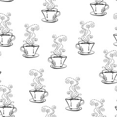 Coffee cup seamless background, Repeating hand drawn illustration of cup of coffee with dotted line curls of steam stylized sketch black and white pattern