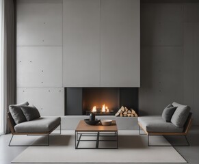 Minimalist style interior design of modern living room with fireplace and concrete walls.