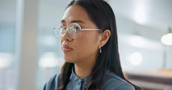 Computer, online and business woman typing project and working on company website strategy in a startup office. Digital marketing, communication and corporate employee research on social media