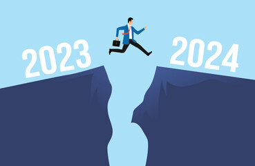 New year 2024 hope for business recovery. new challenge coming concept, confident success businessman attempt to jump high overcome risk to next cliff.