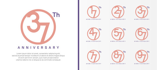 set of anniversary logo pink color number in circle and purple text on white background for celebration