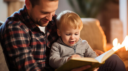 Obraz premium Young father reading a book to his son. Parent bonding and learning with toddler
