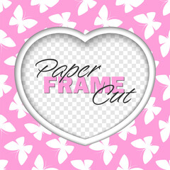 Vector paper cut heart frame template with copy space. White butterflies on pink background.