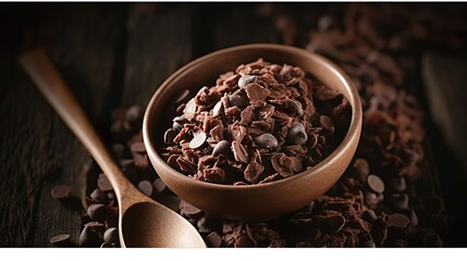 Tasty chocolate granola in bowl and spoon on brown