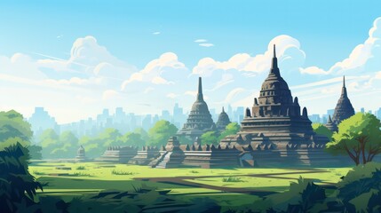 Borobudur Temple Poster in the Morning with Blue Sky View generative ai