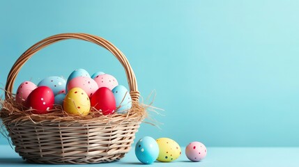Colorful easter eggs in basket on blue background