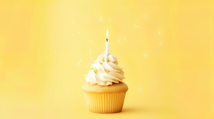 Tasty cupcake with candle on yellow background