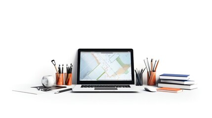 Laptop computer with office supplies on white backgr