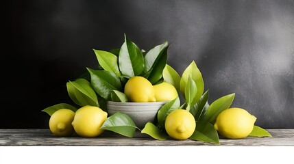 Lemons and limes with green leafs on grey wooden tab - obrazy, fototapety, plakaty