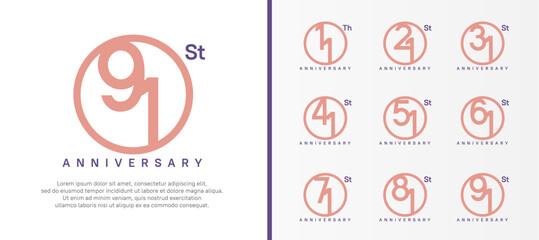 set of anniversary logo pink color number in circle and purple text on white background for celebration