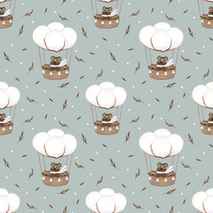 Seamless pattern with bears on a cotton balloon, bear cub with dad pattern, bear family, design ideal for children's textiles, clothing, stationery, backpacks, packaging