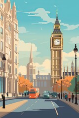 London retro city poster with Big Ben and red bus