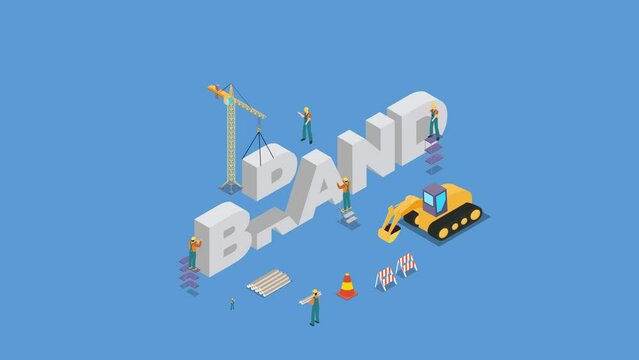 Construction site vehicles and workers building BRAND Construction site vehicles building BRAND 3d isometric cartoon animation in 4K UHD 3840x2160
