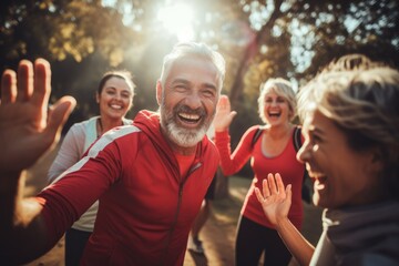 Happy Mature People High Five After jogging in the park