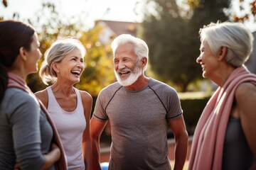 Cheerful Mature Friends Enjoy Post Workout conversation outdoor