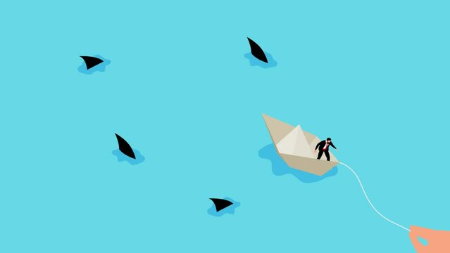 Big hand help businessman in a paper ship surrounded by sharks