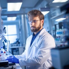Fototapeta premium Young Scientist, researcher, technician or student wear glasses and blue rubber gloves while standing with crossed arms and looking away by Confident in a modern laboratory. Education
